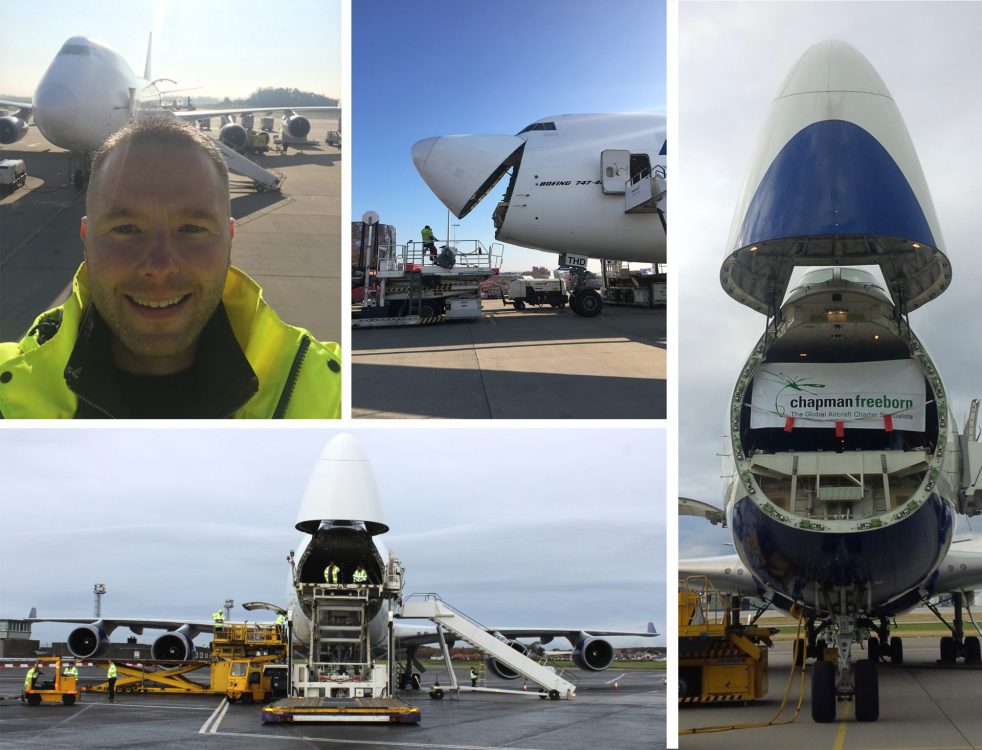 Collage of cargo being loaded into a cargo aircraft