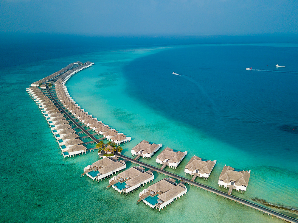 An aerial view of the tropical landscape in the Maldives