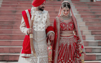 Bride and Groom at Indian wedding walking down stairs